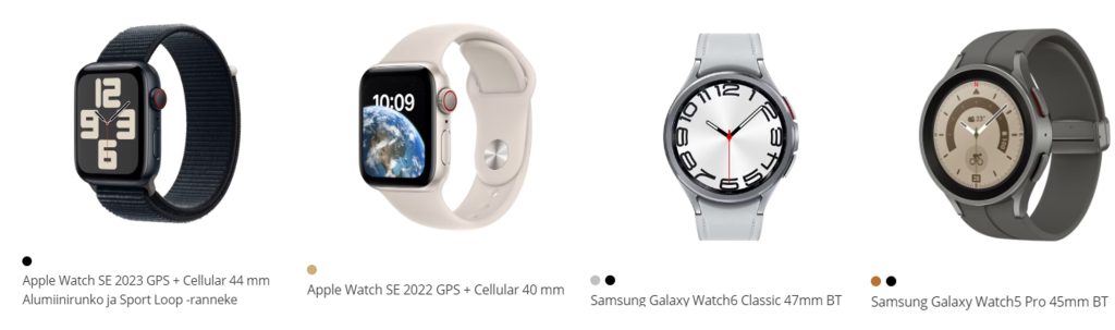 Neljä erilaista älykelloa vierekkäin. Kellojen merkit vasemmalta oikealle Apple Watch SE 2023, Apple Watch SE 2022, Samsung Galaxy Watch6 Classic, Samsung Galaxy Watch5 Pro. 