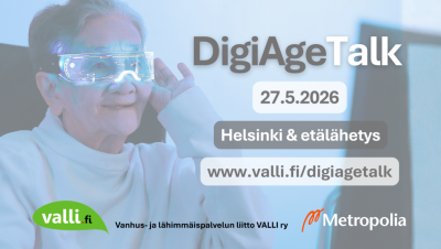 Iäkäs henkilö käyttää tietokonetta älylasit päässään. Teksti: DigiAgeTalk 27.5.2026, Helsinki & etälähetys. www.valli.fi/digiagetalk. Logot Vanhus- ja lähimmäispalvelun liitto VALLI ry ja Metropolia AMK.