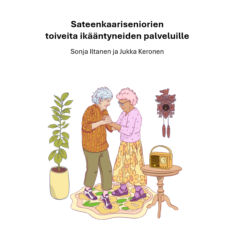Sateenkaariseniorien toiveita ikääntyneiden palveluille -julkaisun kansi. Kuvassa kaksi iäkästä naista tanssii.