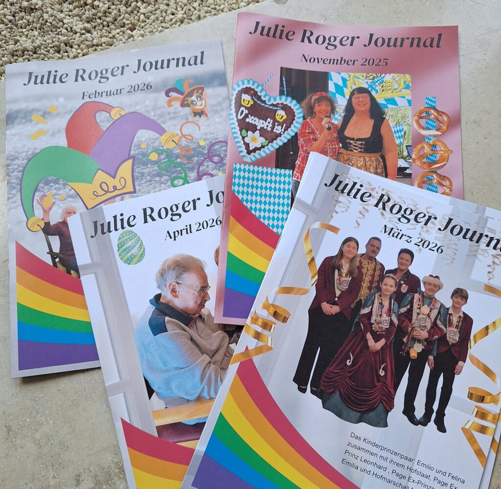 Julie Roger -hoivakodin lehtiä, joissa on sateenkaari kannessa.