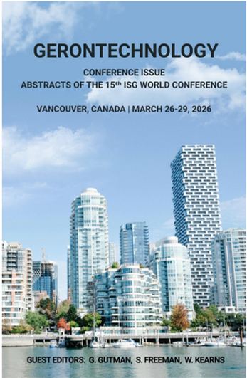 Gerontechnology Journal Conference Issue 2026 kansikuva Lehden kansi. Teksti: Gerontechnology. Conference isssue. Abstracts of the 15th ISG World Conference. Vancouver, Canada March 26-29, 2026.