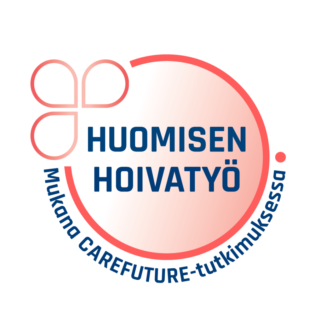 Huomisen hoivatyö -innovaatiokilpailun logo, jonka alareunassa lukee Mukana CAREFUTURE-tutkimuksessa.